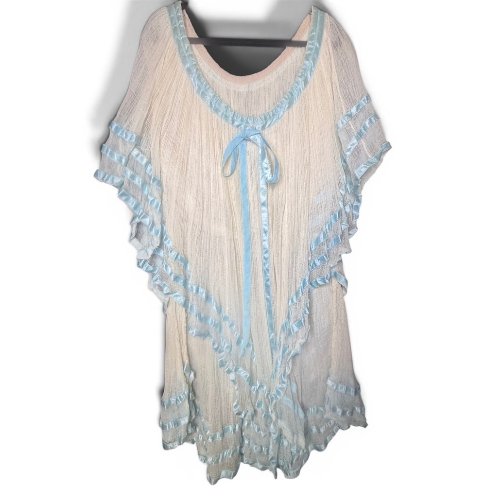 70s Cream Gauze Kaftan Dress Blue Satin Ribbon Trim Ruffle Boho